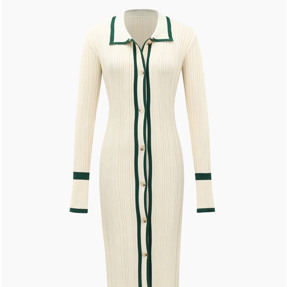Contrast Trim Button Down Knitted Dress (Runs big VERY stretchy)
